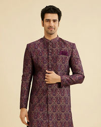 Manyavar Men Wine Red Medallion Jaal Patterned Indo Western Set