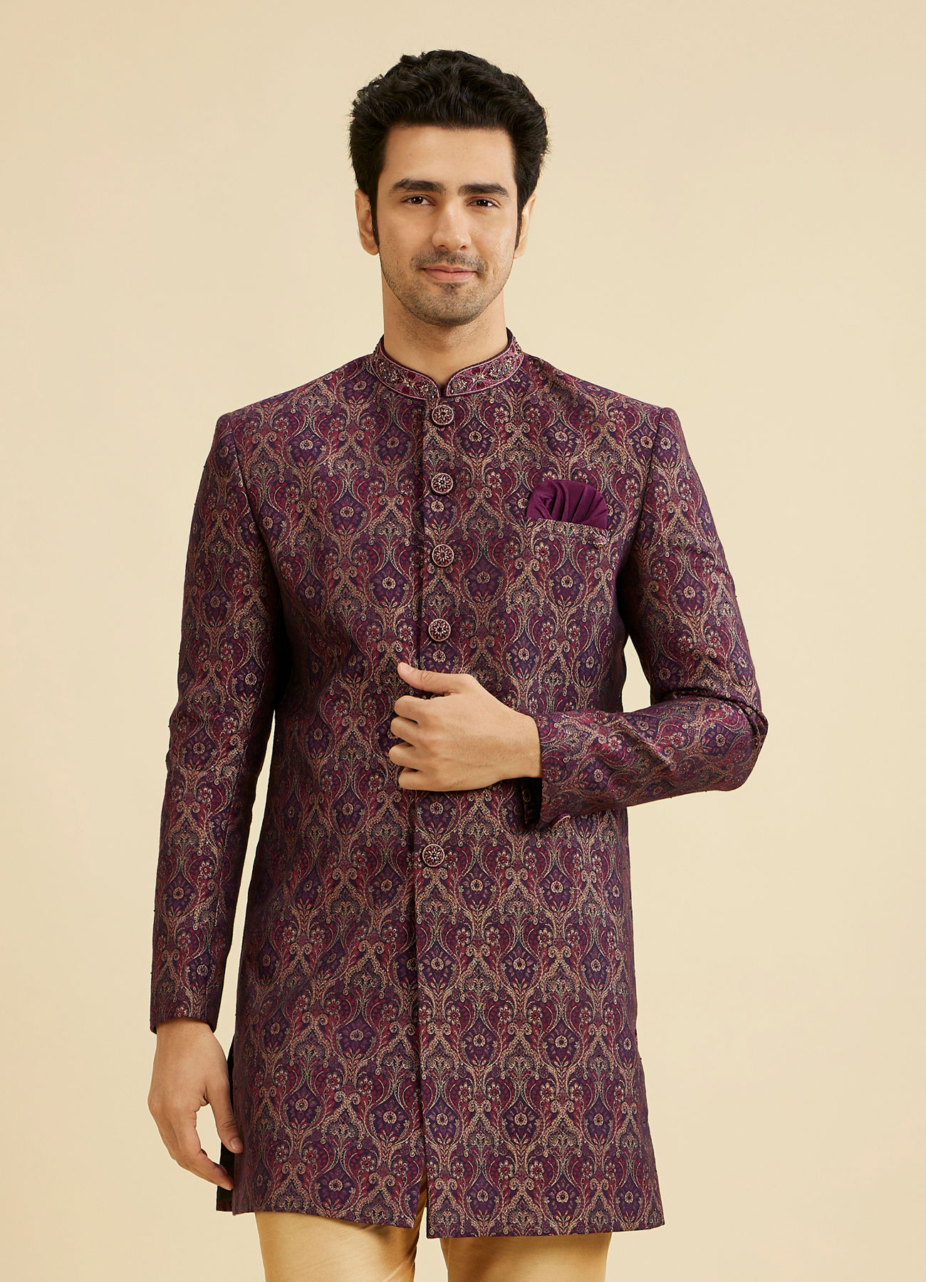 Manyavar Men Wine Red Medallion Jaal Patterned Indo Western Set