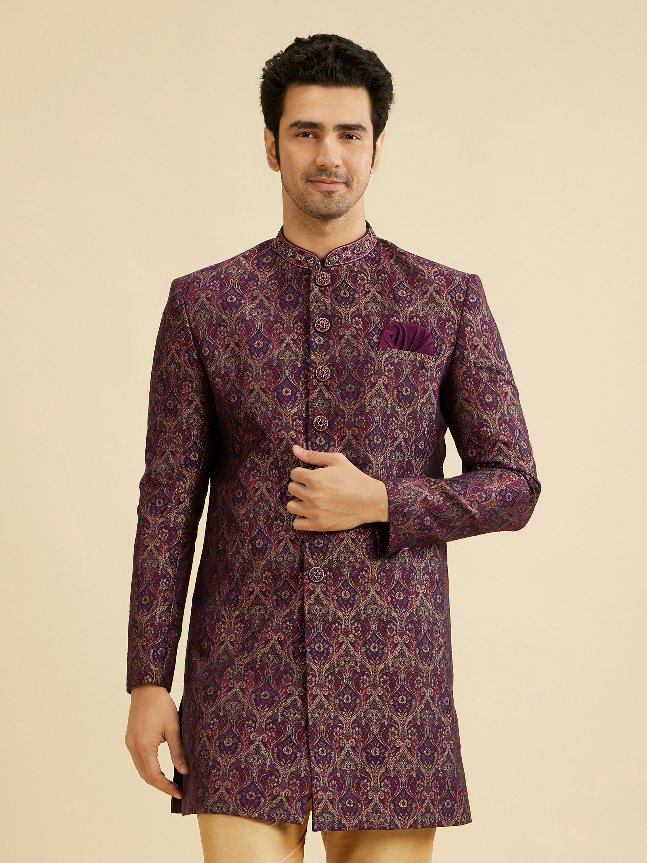 Manyavar Men Wine Red Medallion Jaal Patterned Indo Western Set