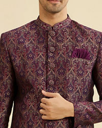 Manyavar Men Wine Red Medallion Jaal Patterned Indo Western Set