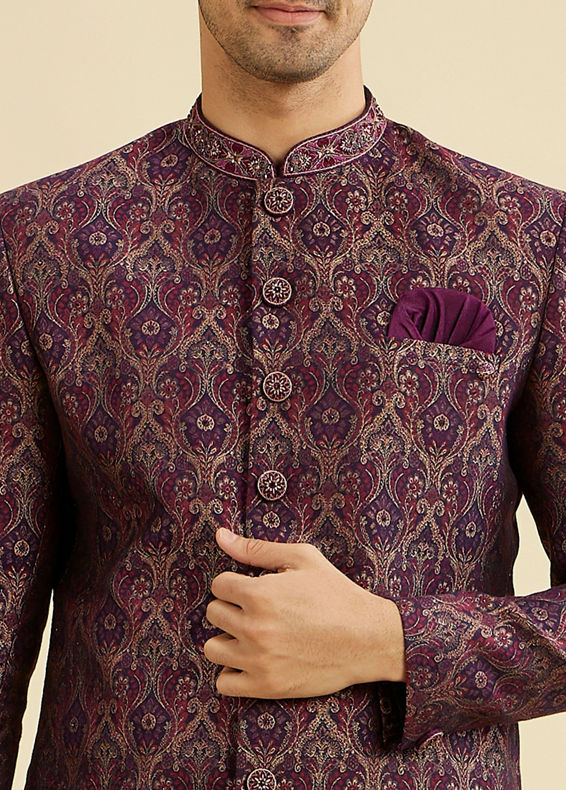 Manyavar Men Wine Red Medallion Jaal Patterned Indo Western Set