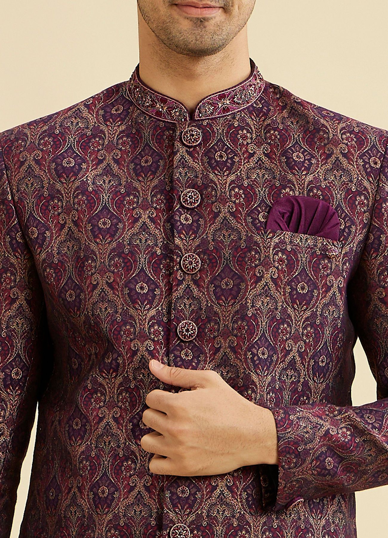 Manyavar Men Wine Red Medallion Jaal Patterned Indo Western Set