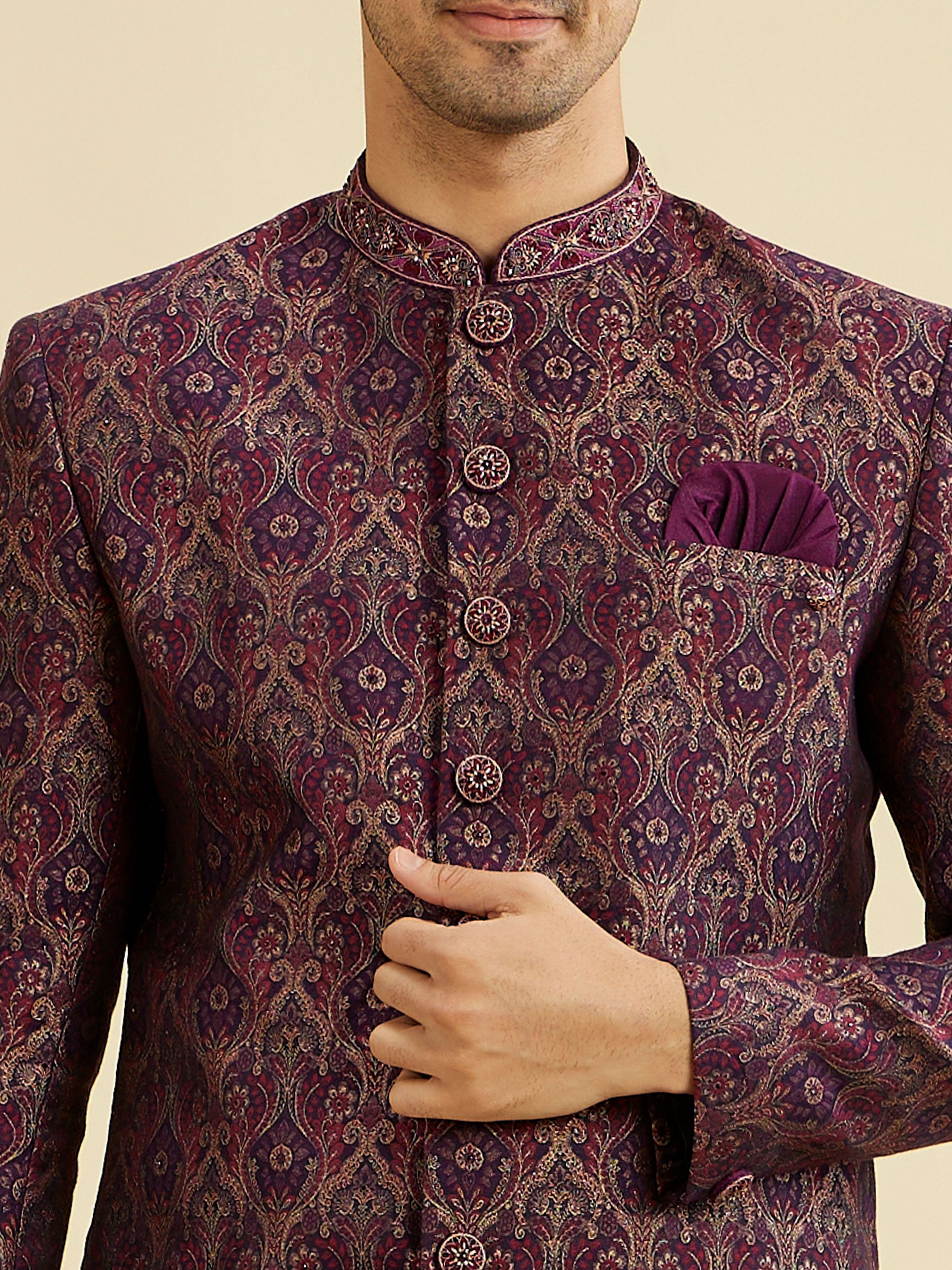 Manyavar Men Wine Red Medallion Jaal Patterned Indo Western Set