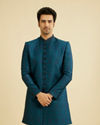Manyavar Men Teal Blue Jaal Patterned Indo Western Set with Embroidered Collar