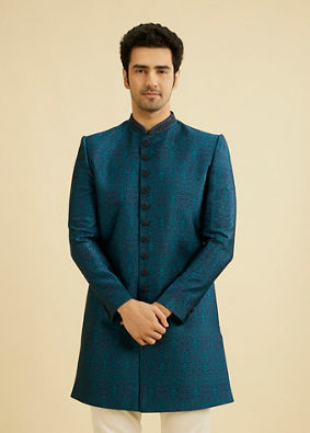 Manyavar Men Teal Blue Jaal Patterned Indo Western Set with Embroidered Collar