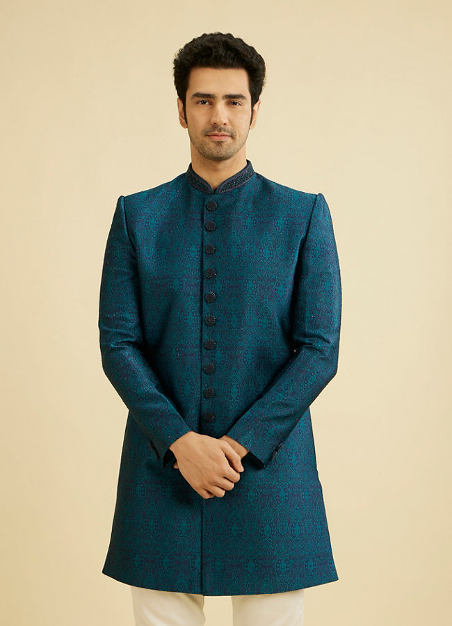 Manyavar Men Teal Blue Jaal Patterned Indo Western Set with Embroidered Collar