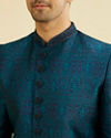 Manyavar Men Teal Blue Jaal Patterned Indo Western Set with Embroidered Collar