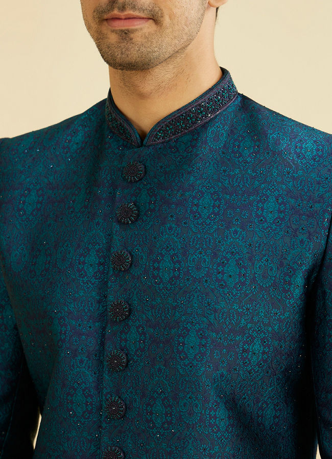 Manyavar Men Teal Blue Jaal Patterned Indo Western Set with Embroidered Collar