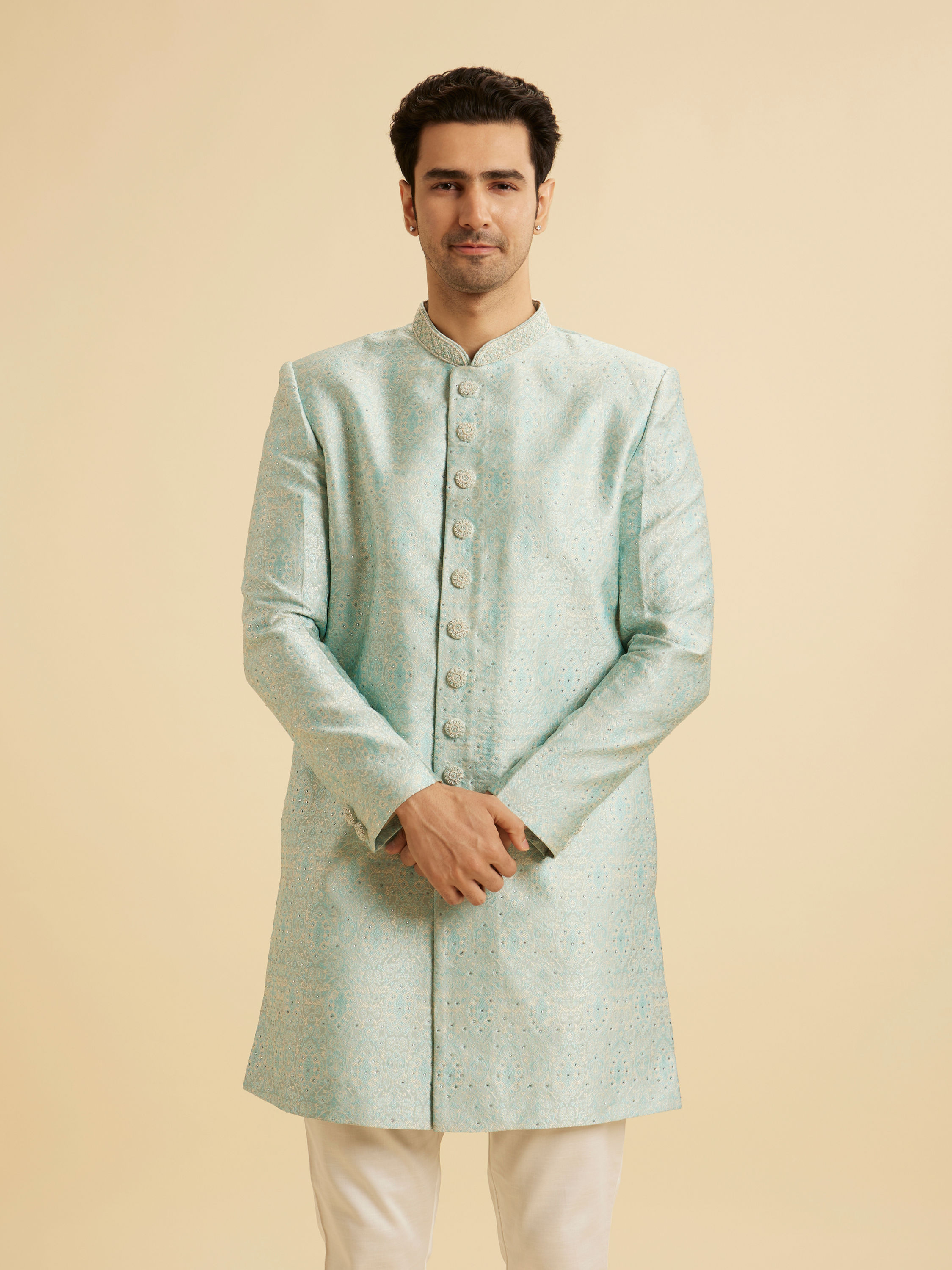 Manyavar Men Blue Brocade Ceremony Extravagance Indo Western