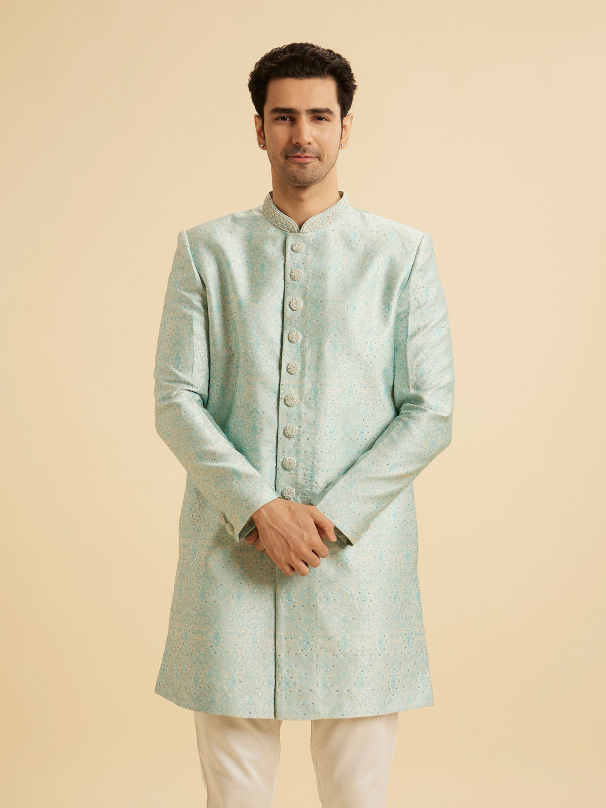 Manyavar Men Blue Brocade Ceremony Extravagance Indo Western