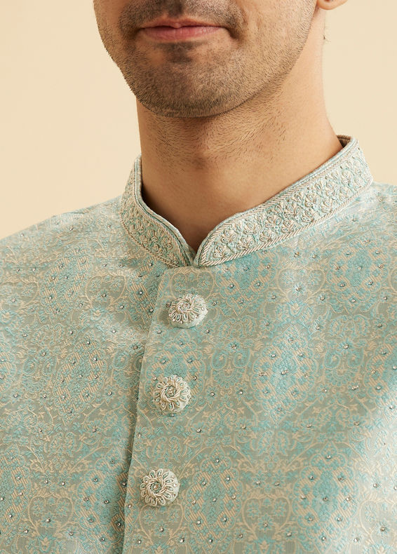 Manyavar Men Blue Brocade Ceremony Extravagance Indo Western