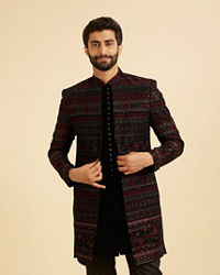 Manyavar Men Regal Blue Velvet Ensemble Indo Western