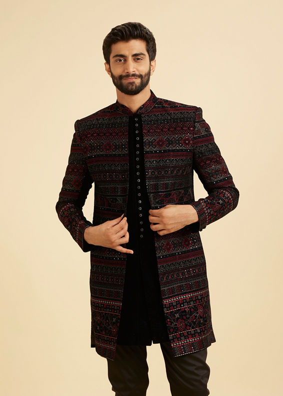 Manyavar Men Regal Blue Velvet Ensemble Indo Western