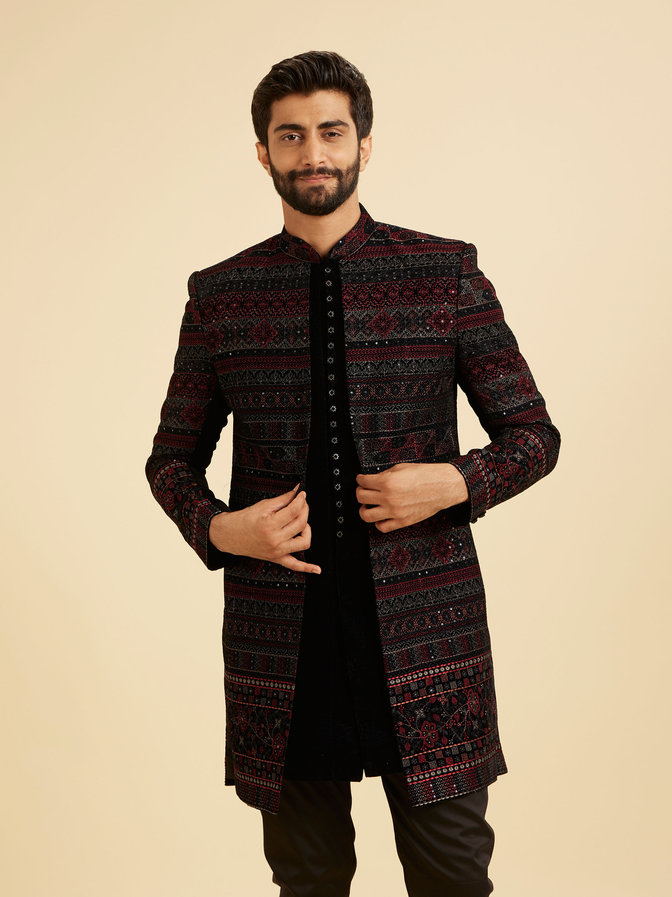 Manyavar Men Regal Blue Velvet Ensemble Indo Western