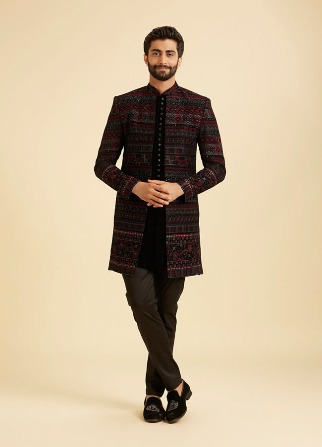 Manyavar Men Regal Blue Velvet Ensemble Indo Western