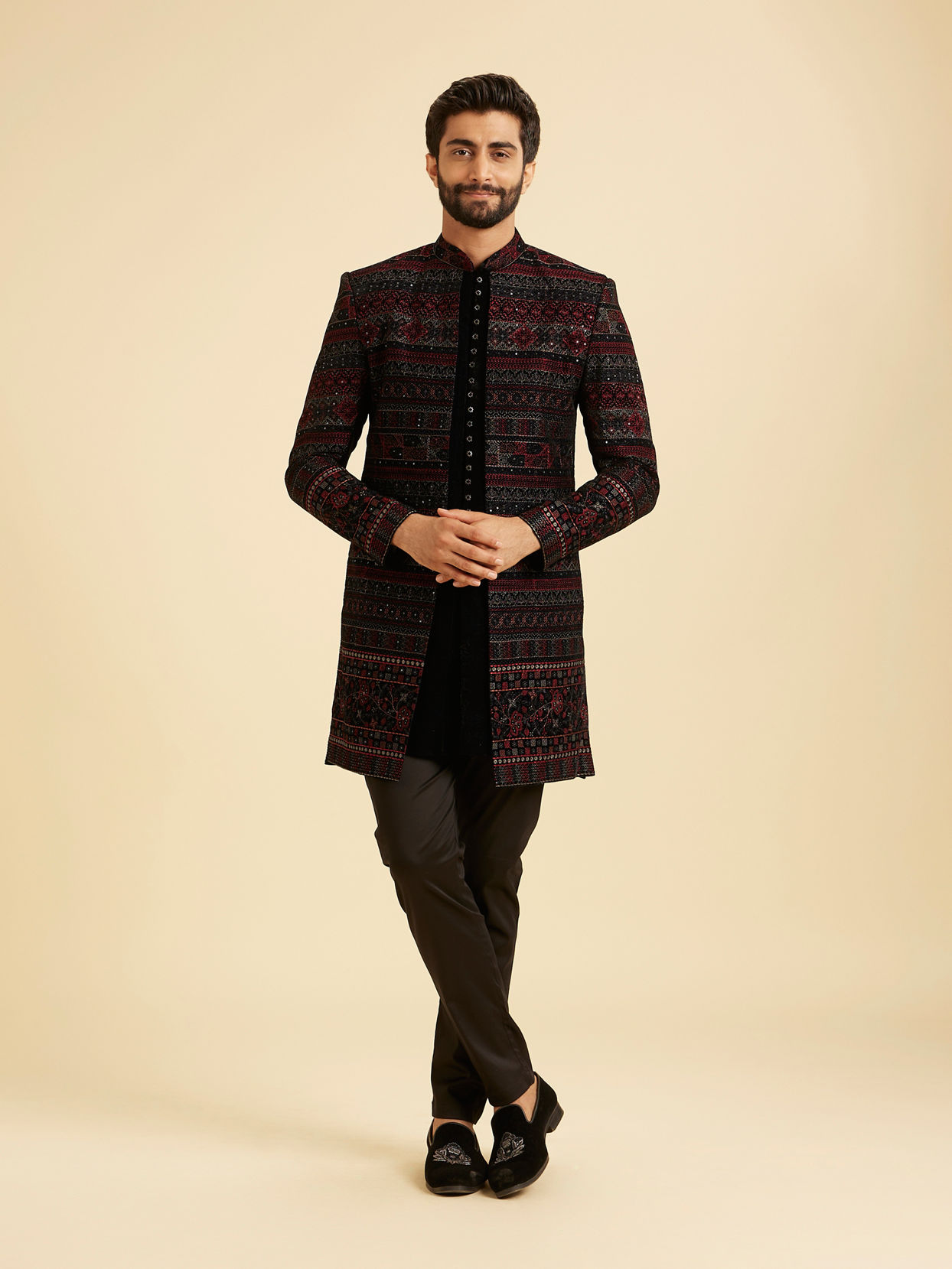 Manyavar Men Regal Blue Velvet Ensemble Indo Western