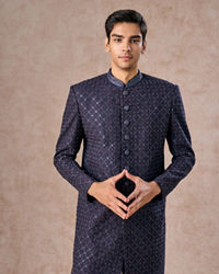 Manyavar Men Lustrous Dark Blue Cotton Indo Western