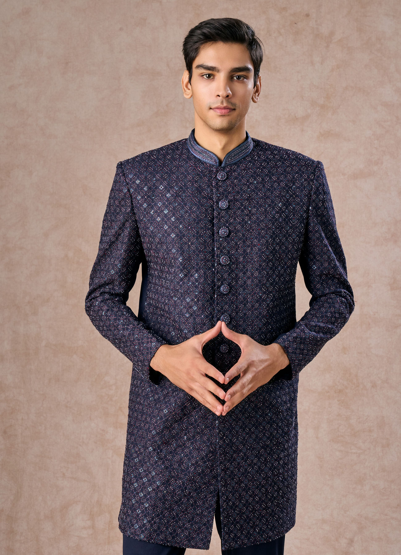 Manyavar Men Lustrous Dark Blue Cotton Indo Western