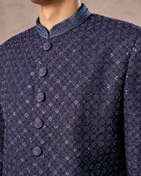 Manyavar Men Lustrous Dark Blue Cotton Indo Western