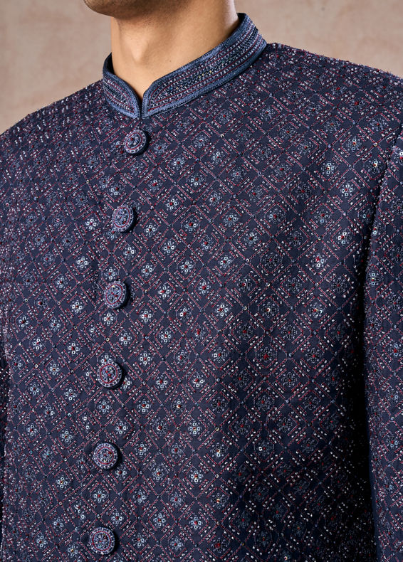 Manyavar Men Lustrous Dark Blue Cotton Indo Western