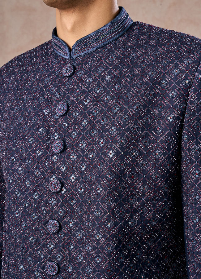 Manyavar Men Lustrous Dark Blue Cotton Indo Western