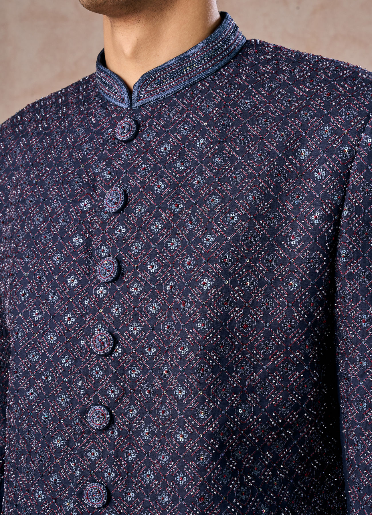 Manyavar Men Lustrous Dark Blue Cotton Indo Western