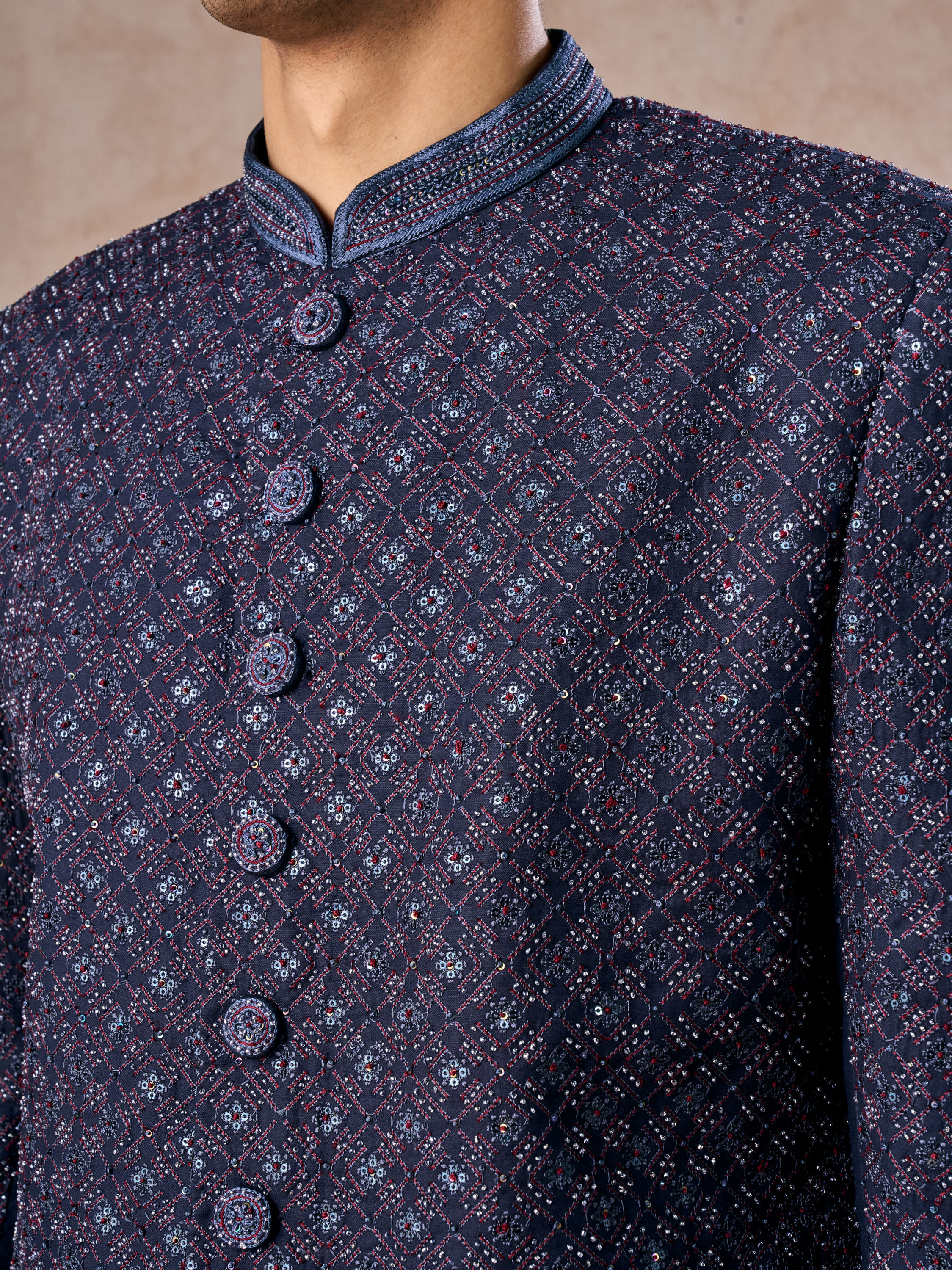 Manyavar Men Lustrous Dark Blue Cotton Indo Western