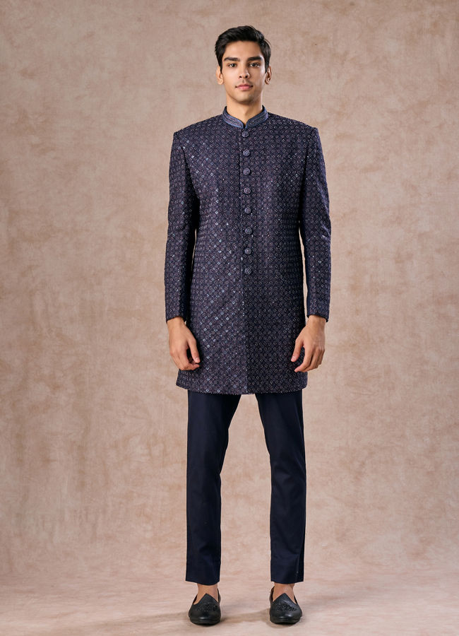 Manyavar Men Lustrous Dark Blue Cotton Indo Western