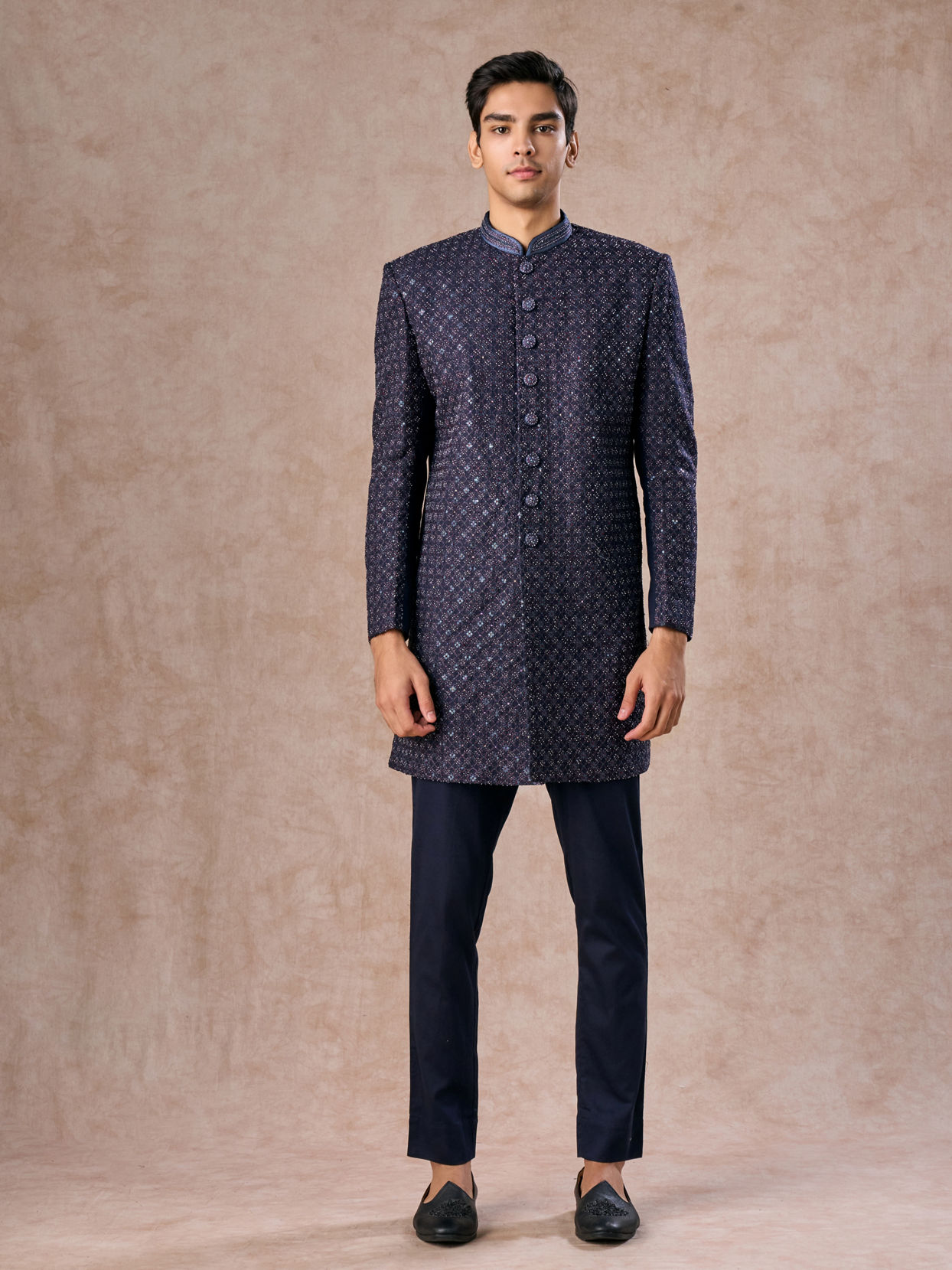 Manyavar Men Lustrous Dark Blue Cotton Indo Western