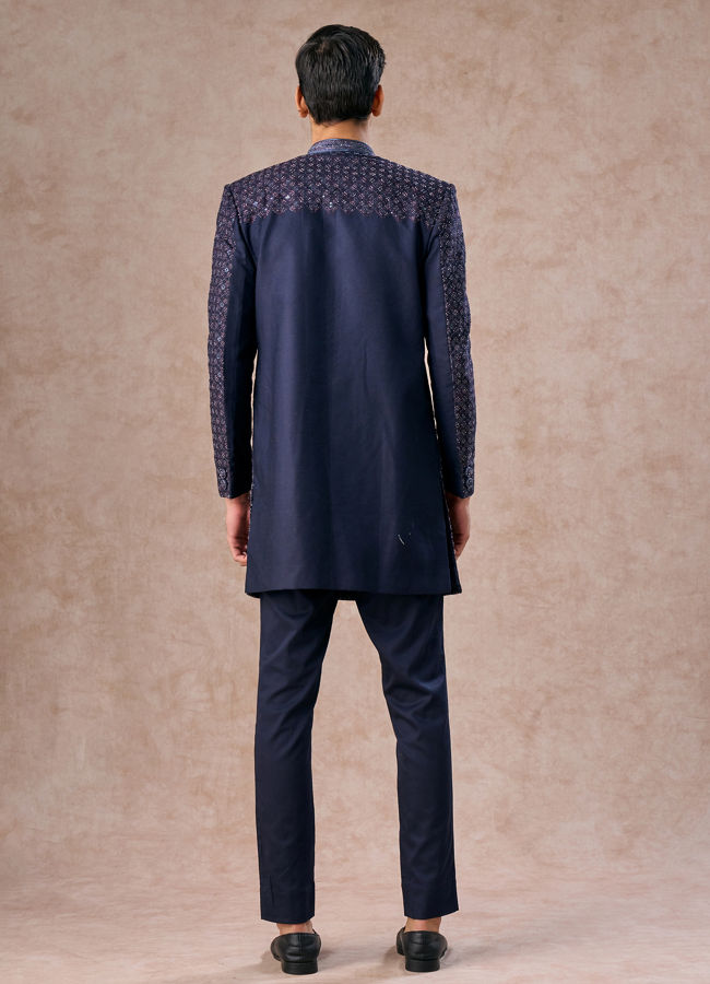Manyavar Men Lustrous Dark Blue Cotton Indo Western