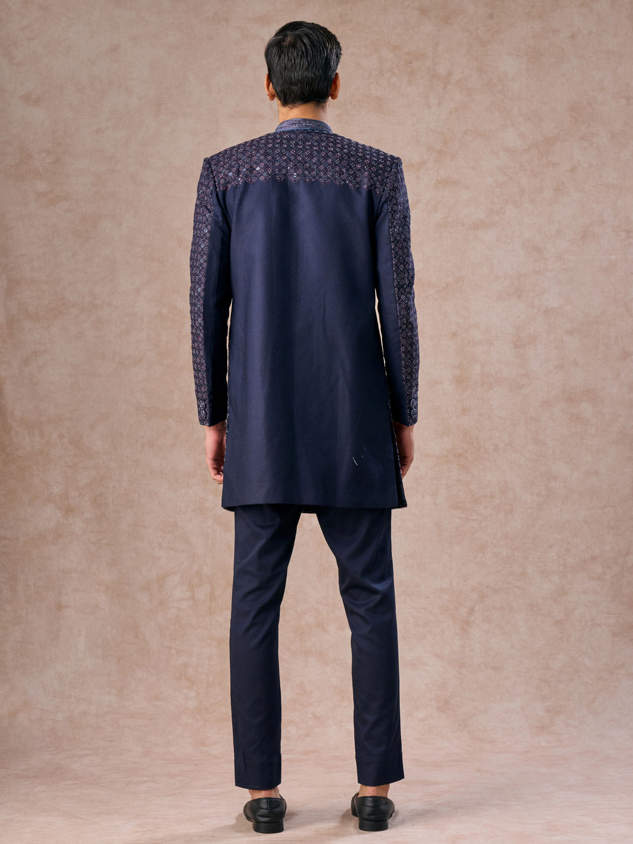 Manyavar Men Lustrous Dark Blue Cotton Indo Western