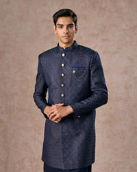 Manyavar Men Regal Blue Brocade Indo Western