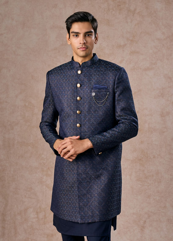 Manyavar Men Regal Blue Brocade Indo Western