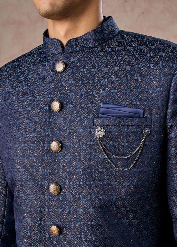 Manyavar Men Regal Blue Brocade Indo Western