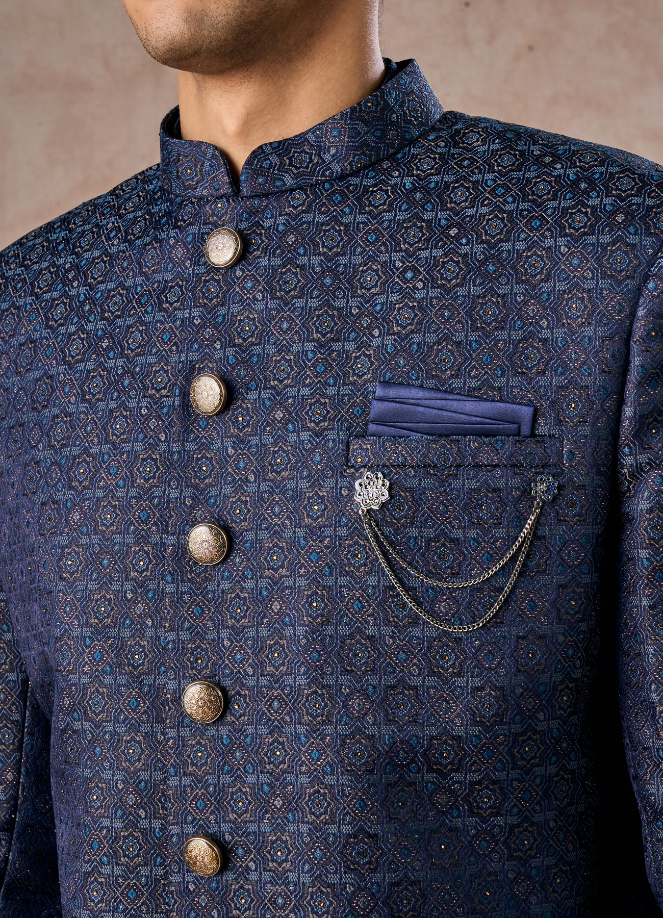 Manyavar Men Regal Blue Brocade Indo Western