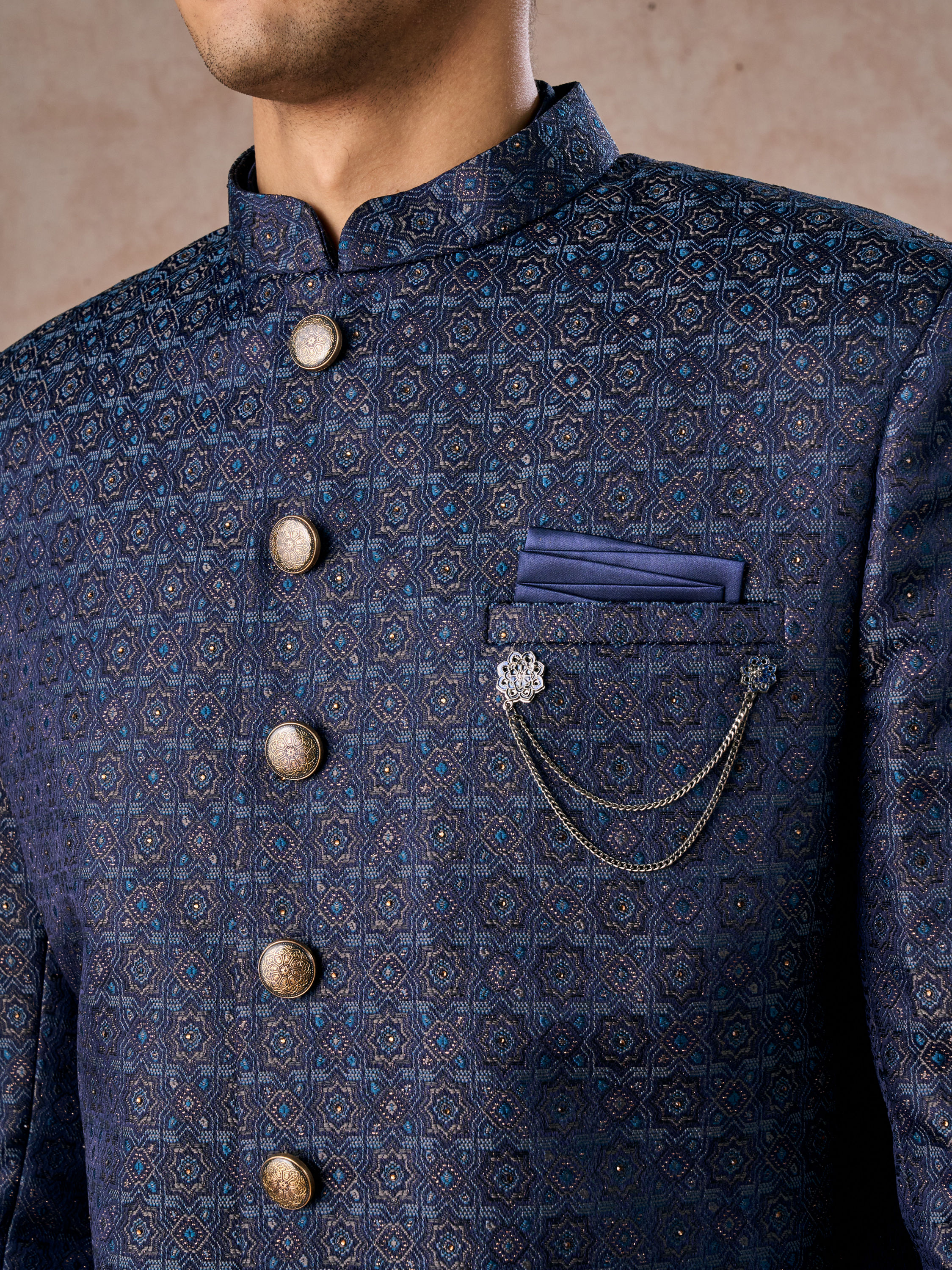 Manyavar Men Regal Blue Brocade Indo Western
