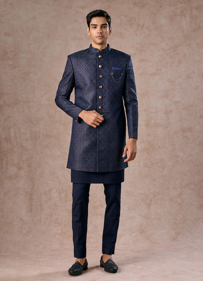 Manyavar Men Regal Blue Brocade Indo Western