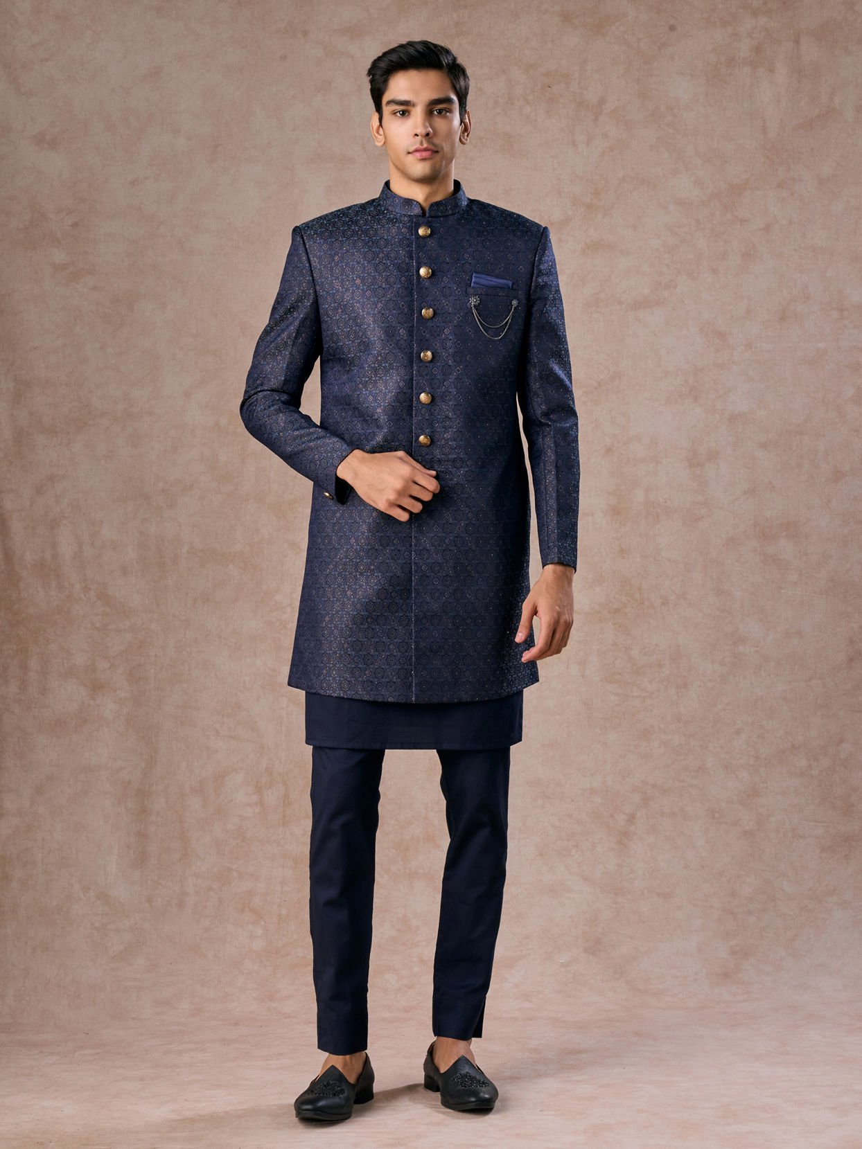 Manyavar Men Regal Blue Brocade Indo Western