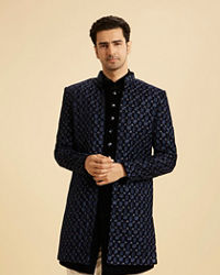 Manyavar Men Royal Blue Velvet Splendor Indo Western