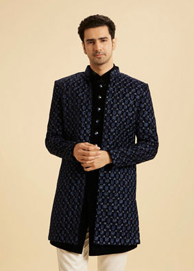 Manyavar Men Royal Blue Velvet Splendor Indo Western