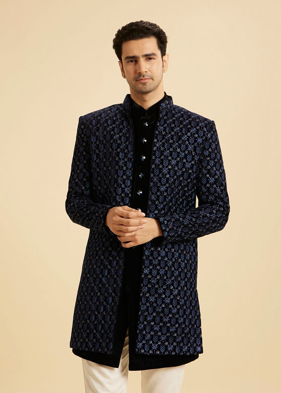 Manyavar Men Royal Blue Velvet Splendor Indo Western