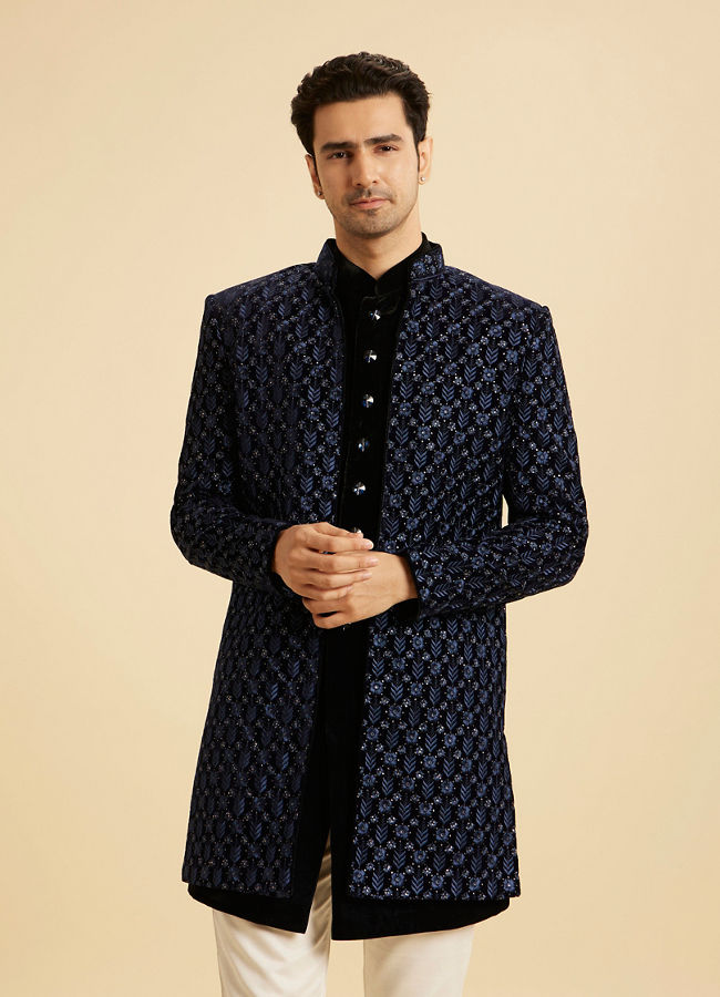 Manyavar Men Royal Blue Velvet Splendor Indo Western