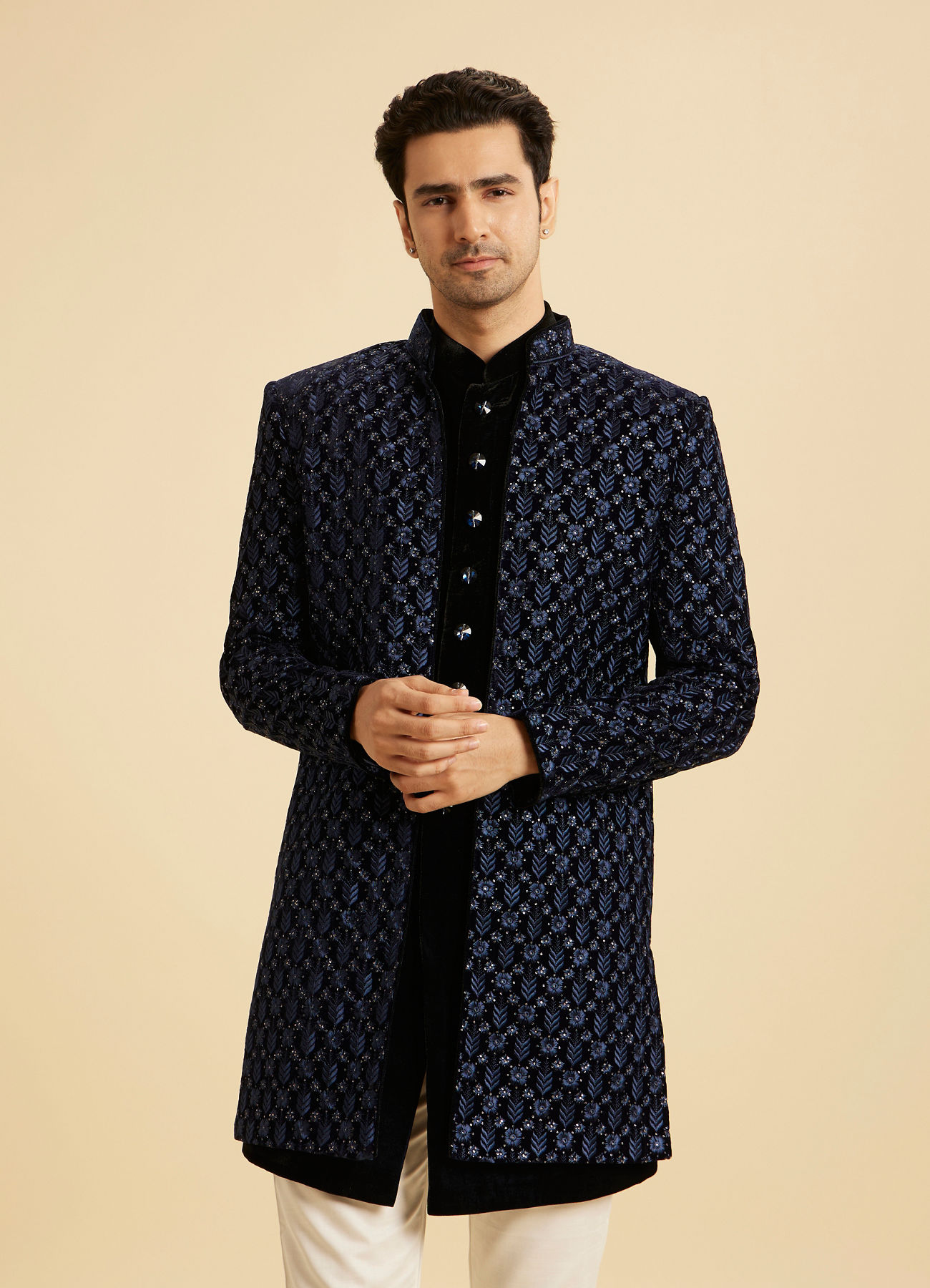 Manyavar Men Royal Blue Velvet Splendor Indo Western