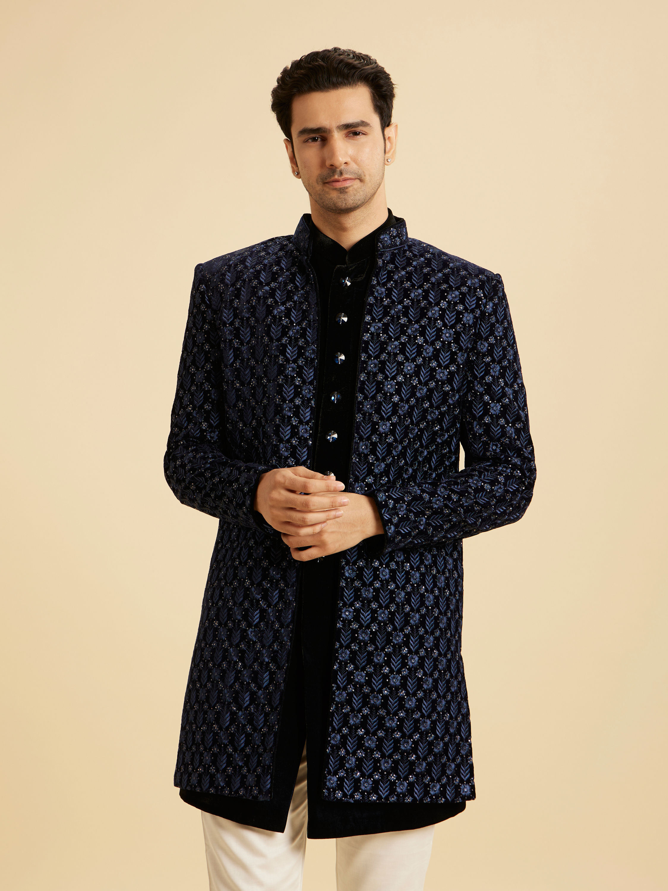 Manyavar Men Royal Blue Velvet Splendor Indo Western