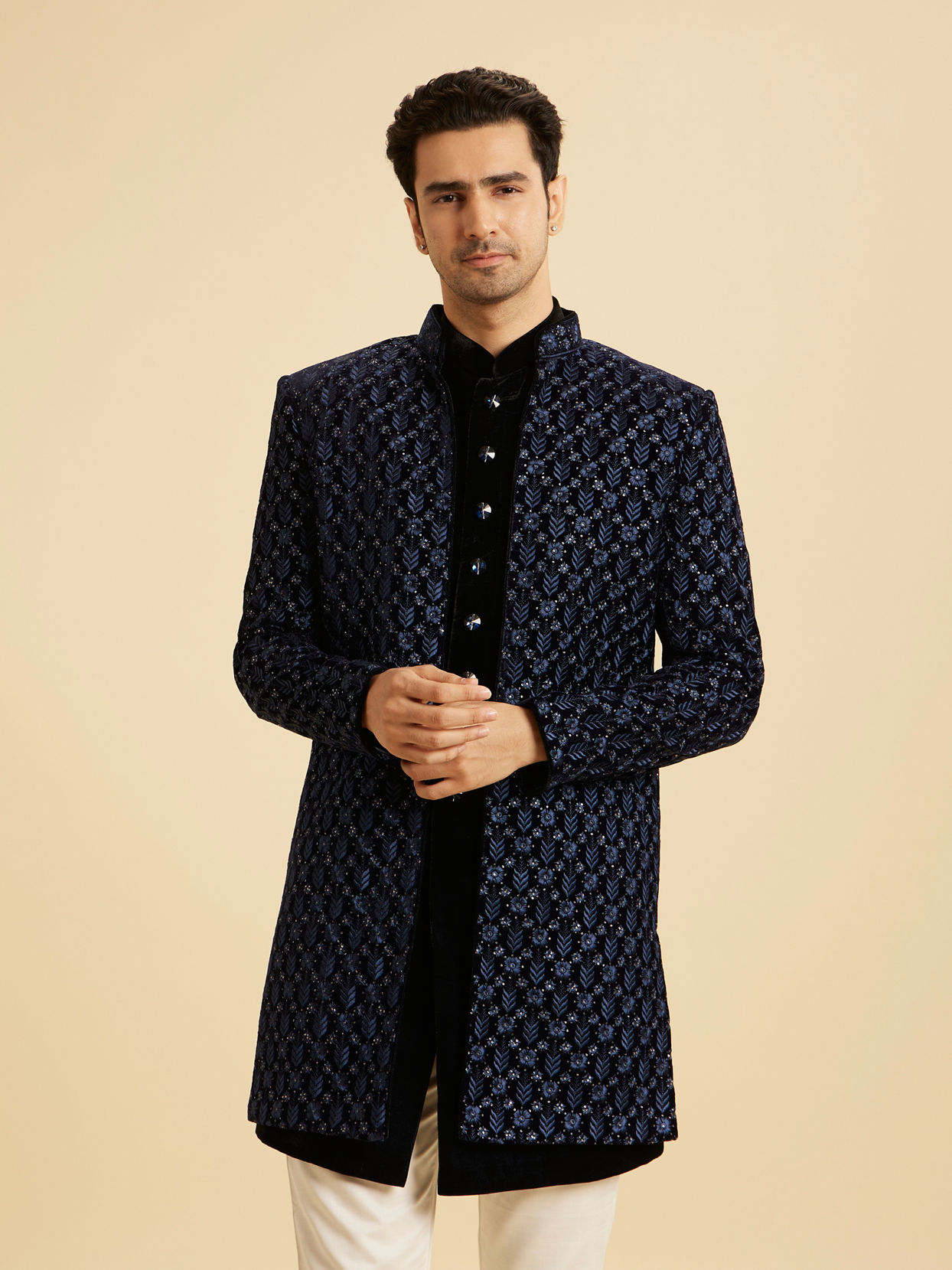 Manyavar Men Royal Blue Velvet Splendor Indo Western