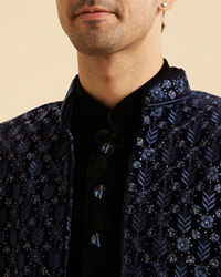 Manyavar Men Royal Blue Velvet Splendor Indo Western