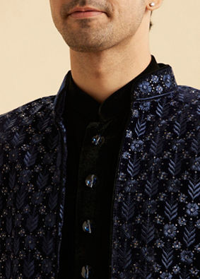 Manyavar Men Royal Blue Velvet Splendor Indo Western