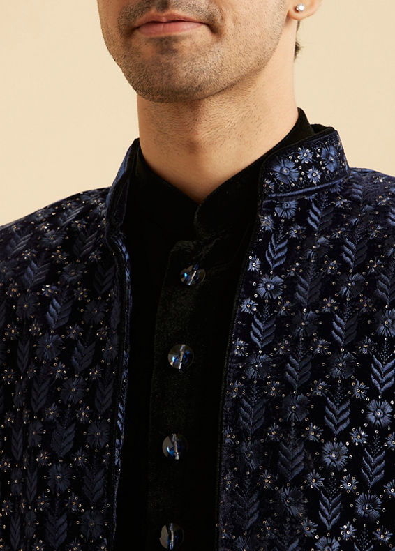 Manyavar Men Royal Blue Velvet Splendor Indo Western