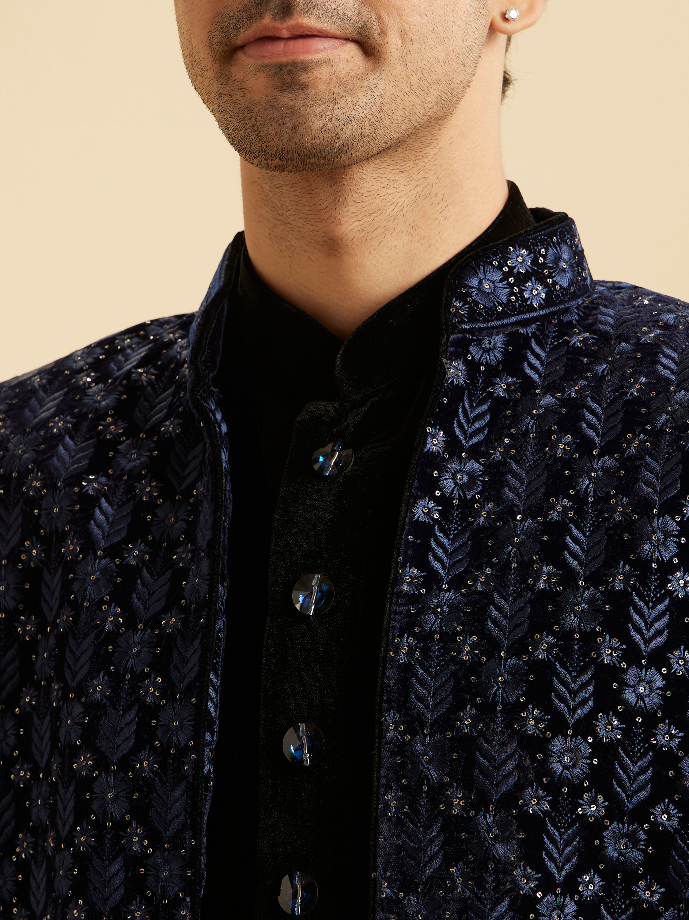 Manyavar Men Royal Blue Velvet Splendor Indo Western