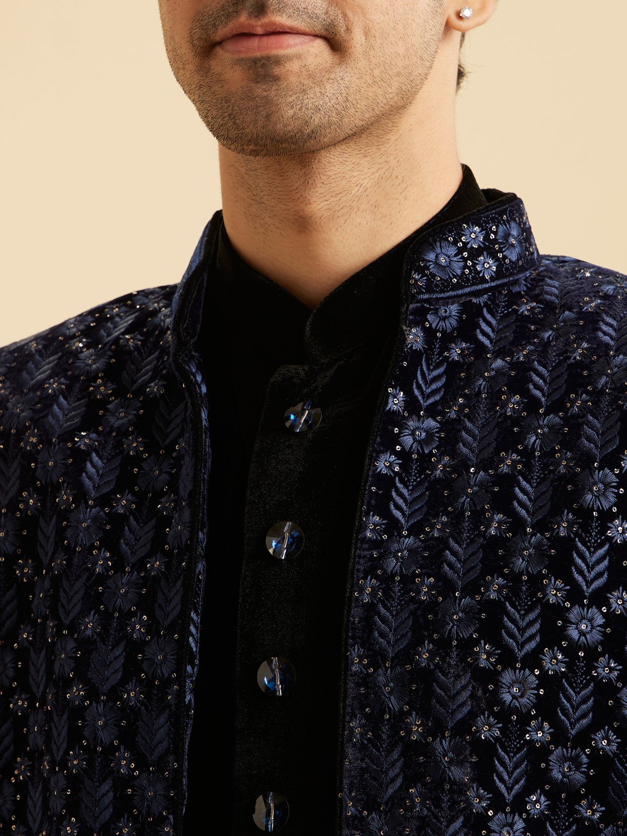Manyavar Men Royal Blue Velvet Splendor Indo Western